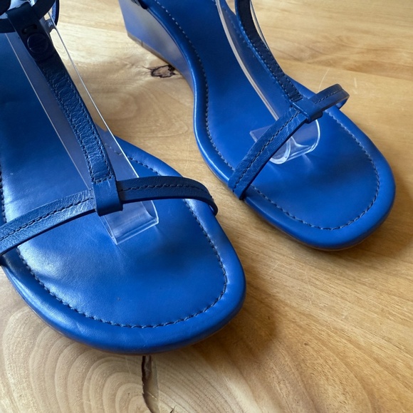 TORY BURCH MILLER WEDGE SANDALS DOUBLE T LOGO T STRAP LEATHER SLINGBACK BLUE 10 - Picture 5 of 12
